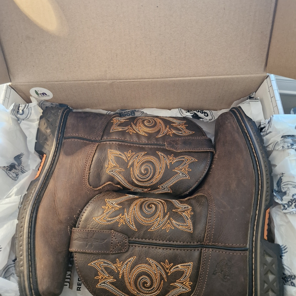 Georgia Leather Boots with Orange and White Design, Square Toe